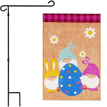G128 Combo Set: Garden Flag Stand 1 pk AND X3 Gnomes with Large Easter Egg 12"x18" Burlap 1 pk