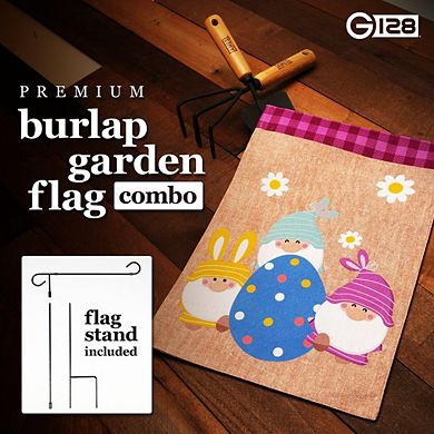 G128 Combo Set: Garden Flag Stand 1PK AND X3 Gnomes with Large Easter Egg 12"x18" Burlap 1PK