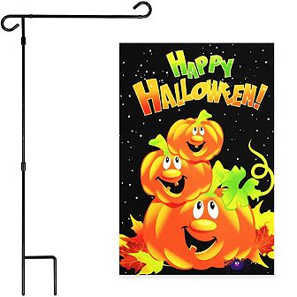 G128 Combo Set: Garden Flag Stand 1 pk AND Happy Halloween 3 Pumpkins 12"x18" 1 pk