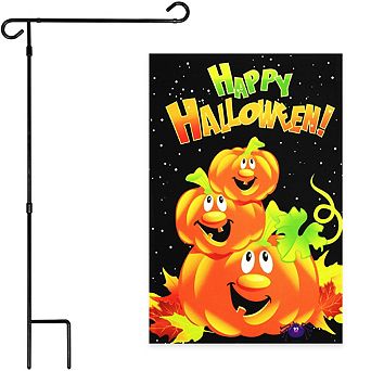 G128 Combo Set: Garden Flag Stand 1 pk AND Happy Halloween 3 Pumpkins 12"x18" 1 pk