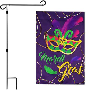 G128 Combo Set: Garden Flag Stand 1 pk AND Mardi Gras Masquerade Mask 12"x18" Blockout 1 pk