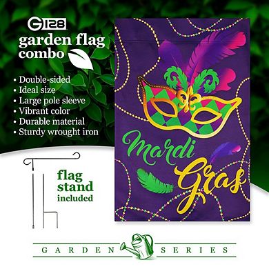 G128 Combo Set: Garden Flag Stand 1PK AND Mardi Gras Masquerade Mask 12"x18" Blockout 1PK