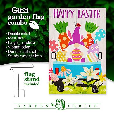G128 Combo Set: Garden Flag Stand 1PK AND Happy Easter Gnome in Truck 12"x18" Blockout 1PK