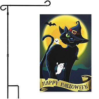 G128 Combo Set: Garden Flag Stand 1 pk AND Happy Halloween Black Cat Moon 12"x18" 1 pk