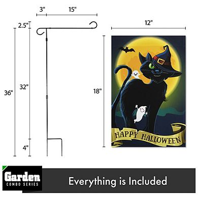 G128 Combo Set: Garden Flag Stand 1PK AND Happy Halloween Black Cat Moon 12"x18" 1PK
