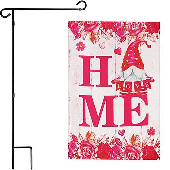 G128 Combo Set: Garden Flag Stand 1 pk AND Home Vday Gnome Holding Love Sign 12"x18" Blockout 1 pk
