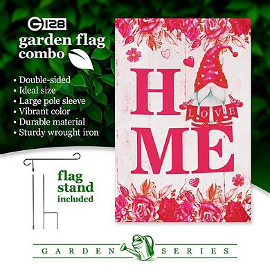 G128 Combo Set: Garden Flag Stand 1PK AND Home Vday Gnome Holding Love Sign 12"x18" Blockout 1PK