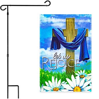 G128 Combo Set: Garden Flag Stand 1 pk AND Let Us Rejoice Easter Cross 12"x18" 1 pk