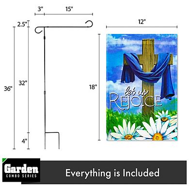 G128 Combo Set: Garden Flag Stand 1PK AND Let Us Rejoice Easter Cross 12"x18" 1PK