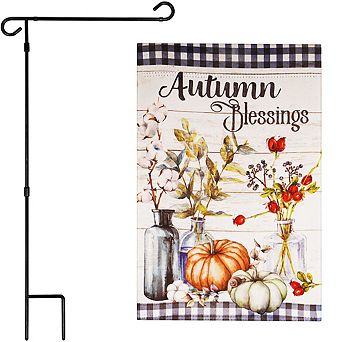 G128 Combo Set: Garden Flag Stand 1 pk AND Autumn Blessings Pumpkins and Flower Vases 12"x18" 1 pk
