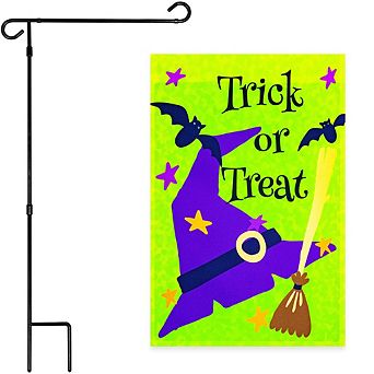 G128 Combo Set: Garden Flag Stand 1 pk AND Trick or Treat Purple Witch Hat Green BG 12"x18" 1 pk