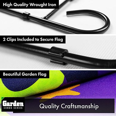 G128 Combo Set: Garden Flag Stand 1PK AND Trick or Treat Purple Witch Hat Green BG 12"x18" 1PK
