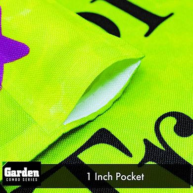 G128 Combo Set: Garden Flag Stand 1PK AND Trick or Treat Purple Witch Hat Green BG 12"x18" 1PK