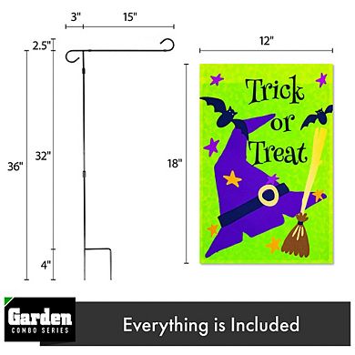 G128 Combo Set: Garden Flag Stand 1PK AND Trick or Treat Purple Witch Hat Green BG 12"x18" 1PK