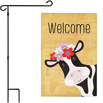 G128 Combo Set: Garden Flag Stand 1 pk AND Welcome Cow with Flowers 12"x18" Burlap 1 pk