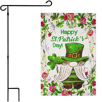 G128 Combo: Garden Flag Stand 1 pk AND Happy St. Patrick's Day Gnome Leprechaun 12"x18" Blockout 1 pk