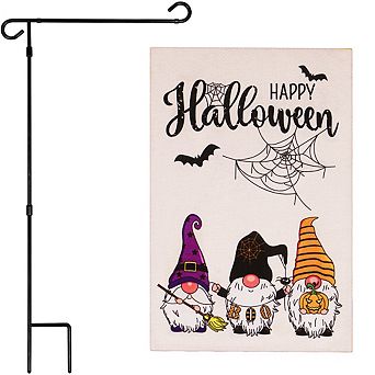 G128 Combo Set: Garden Flag Stand 1 pk AND Happy Halloween 3 Gnomes Spider Web 12"x18" Burlap 1 pk