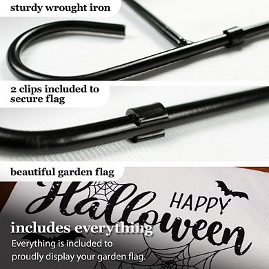 G128 Combo Set: Garden Flag Stand 1PK AND Happy Halloween 3 Gnomes Spider Web 12"x18" Burlap 1PK
