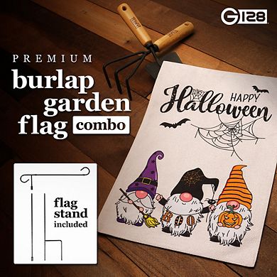 G128 Combo Set: Garden Flag Stand 1PK AND Happy Halloween 3 Gnomes Spider Web 12"x18" Burlap 1PK