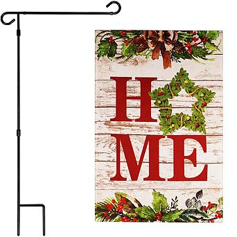 G128 Combo Set: Garden Flag Stand 1 pk AND Home Wreath on Rustic Wood 12"x18" 1 pk