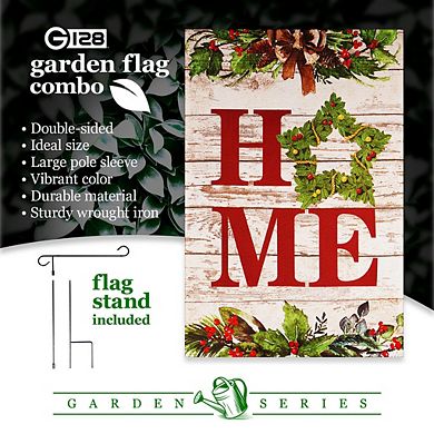 G128 Combo Set: Garden Flag Stand 1PK AND Home Wreath on Rustic Wood 12"x18" 1PK