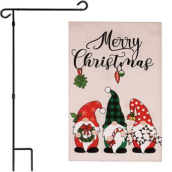 G128 Combo Set: Garden Flag Stand 1 pk AND Merry Christmas 3 Festive Gnomes 12"x18" Burlap 1 pk