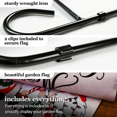 G128 Combo Set: Garden Flag Stand 1PK AND Merry Christmas 3 Festive Gnomes 12"x18" Burlap 1PK