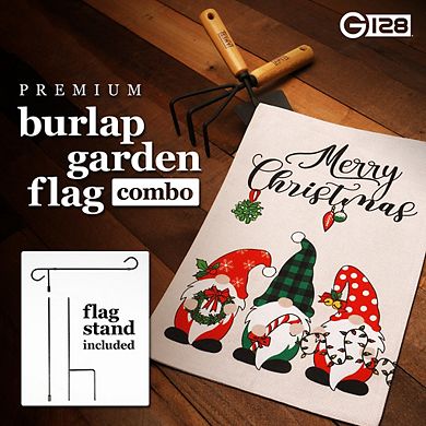 G128 Combo Set: Garden Flag Stand 1PK AND Merry Christmas 3 Festive Gnomes 12"x18" Burlap 1PK