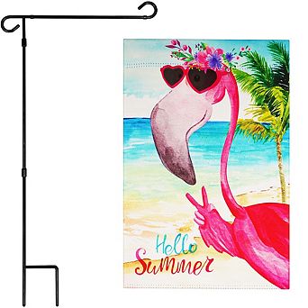 G128 Combo Set: Garden Flag Stand 1 pk AND Hello Summer Peace Sign Flamingo 12"x18" 1 pk