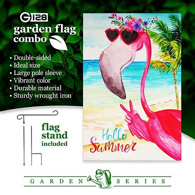 G128 Combo Set: Garden Flag Stand 1PK AND Hello Summer Peace Sign Flamingo 12"x18" 1PK