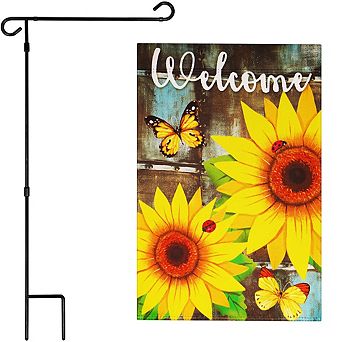 G128 Combo Set: Garden Flag Stand 1 pk AND Welcome Sunflowers and Butterflies 12"x18" 1 pk