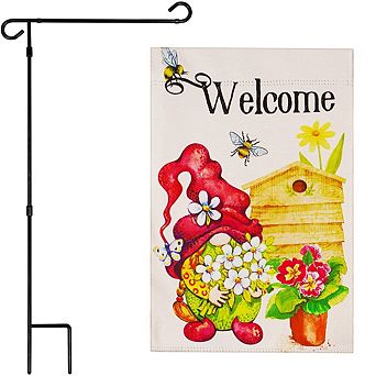 G128 Combo Set: Garden Flag Stand 1 pk AND Welcome Gnome with Flowers 12"x18" Blockout 1 pk