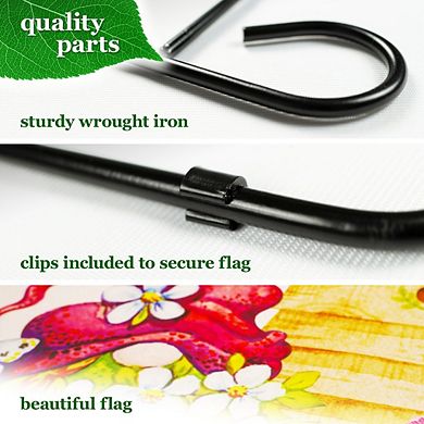 G128 Combo Set: Garden Flag Stand 1PK AND Welcome Gnome with Flowers 12"x18" Blockout 1PK