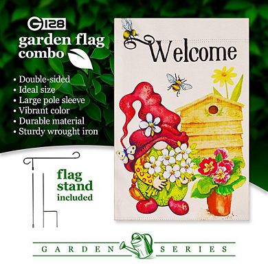 G128 Combo Set: Garden Flag Stand 1PK AND Welcome Gnome with Flowers 12"x18" Blockout 1PK