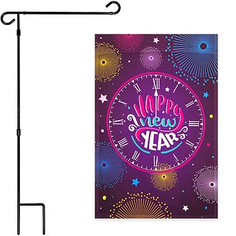 G128 Combo Set: Garden Flag Stand 1 pk AND Happy New Year Midnight Clock 12"x18" 1 pk