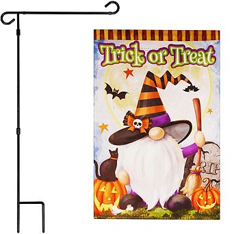G128 Combo Set: Garden Flag Stand 1 pk AND Trick or Treat Witch Hat Gnome with Broom 12"x18" 1 pk