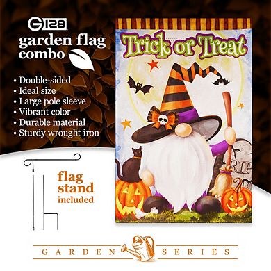 G128 Combo Set: Garden Flag Stand 1PK AND Trick or Treat Witch Hat Gnome with Broom 12"x18" 1PK