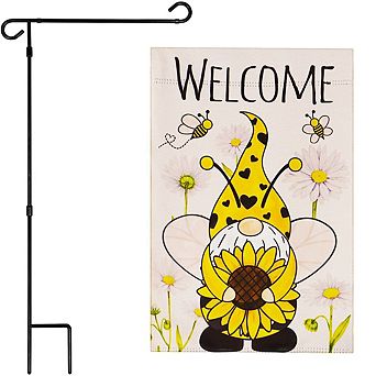 G128 Combo Set: Garden Flag Stand 1 pk AND Welcome Bee Gnome with Sunflower 12"x18" Blockout 1 pk