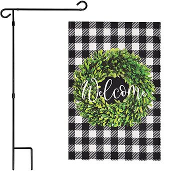 G128 Combo Set: Garden Flag Stand 1 pk AND Welcome Wreath 12"x18" Burlap 1 pk