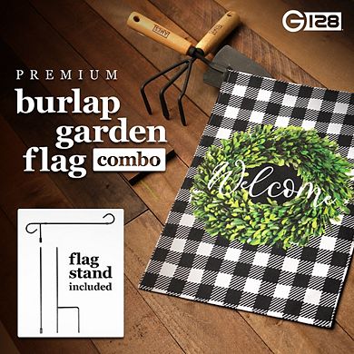G128 Combo Set: Garden Flag Stand 1PK AND Welcome Wreath 12"x18" Burlap 1PK