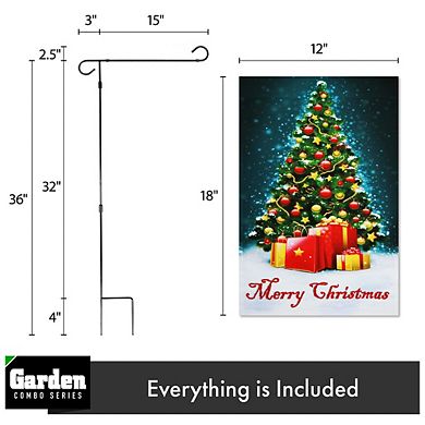 G128 Combo Set: Garden Flag Stand 1PK AND Merry Xms, Tree with Gifts 12"x18" 1PK