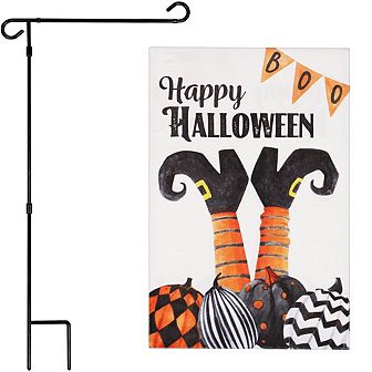 G128 Combo Set: Garden Flag Stand 1 pk AND Happy Halloween Witch Feet and Spooky Pumpkins 12"x18" Burlap 1 pk