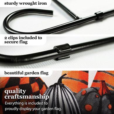 G128 Combo Set: Garden Flag Stand 1PK AND Happy Halloween Witch Feet and Spooky Pumpkins 12"x18" Burlap 1PK