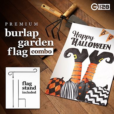 G128 Combo Set: Garden Flag Stand 1PK AND Happy Halloween Witch Feet and Spooky Pumpkins 12"x18" Burlap 1PK