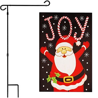 G128 Combo Set: Garden Flag Stand 1 pk AND Joyful Santa 12"x18" 1 pk