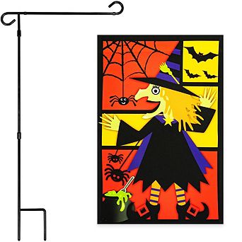 G128 Combo Set: Garden Flag Stand 1 pk AND Witch Bats Spiders Black Border 12"x18" 1 pk