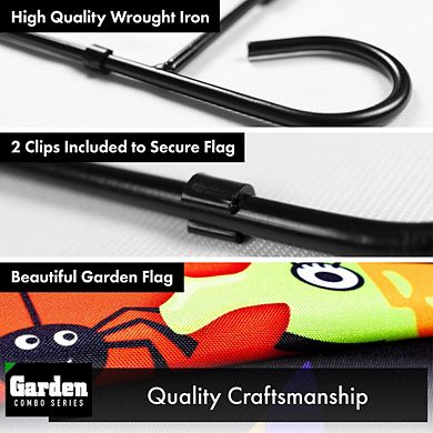 G128 Combo Set: Garden Flag Stand 1PK AND Witch Bats Spiders Black Border 12"x18" 1PK