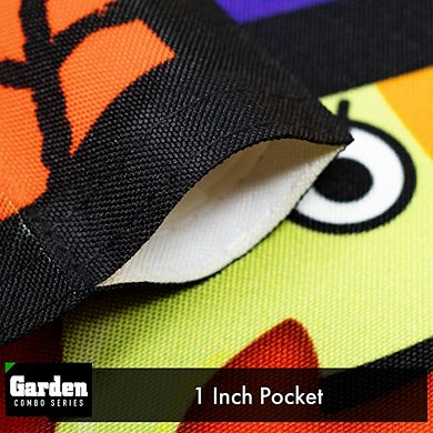 G128 Combo Set: Garden Flag Stand 1PK AND Witch Bats Spiders Black Border 12"x18" 1PK