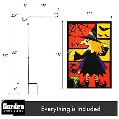 G128 Combo Set: Garden Flag Stand 1PK AND Witch Bats Spiders Black Border 12"x18" 1PK