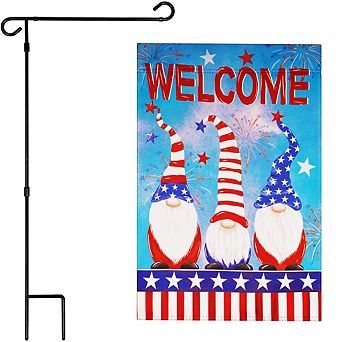 G128 Combo Set: Garden Flag Stand 1 pk AND Welcome 3 Patriotic Gnomes 12"x18" 1 pk